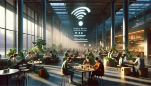 Scène quotidienne dans un espace public avec personnes utilisant des appareils numériques connectés à un réseau Wi-Fi, évoquant les risques de cybersécurité.
