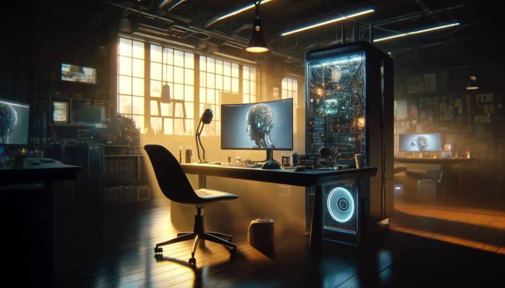 Un ordinateur sur un bureau éclairé par la lumière naturelle, symbolisant la puissance de l'IA exécutant des modèles de langage de grande taille